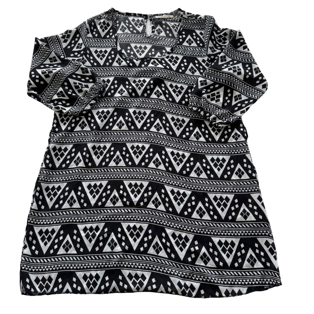 Wishful Park Tunic Top Women Large Black White Geometric Tribal 3/4 Sleeve Scoop